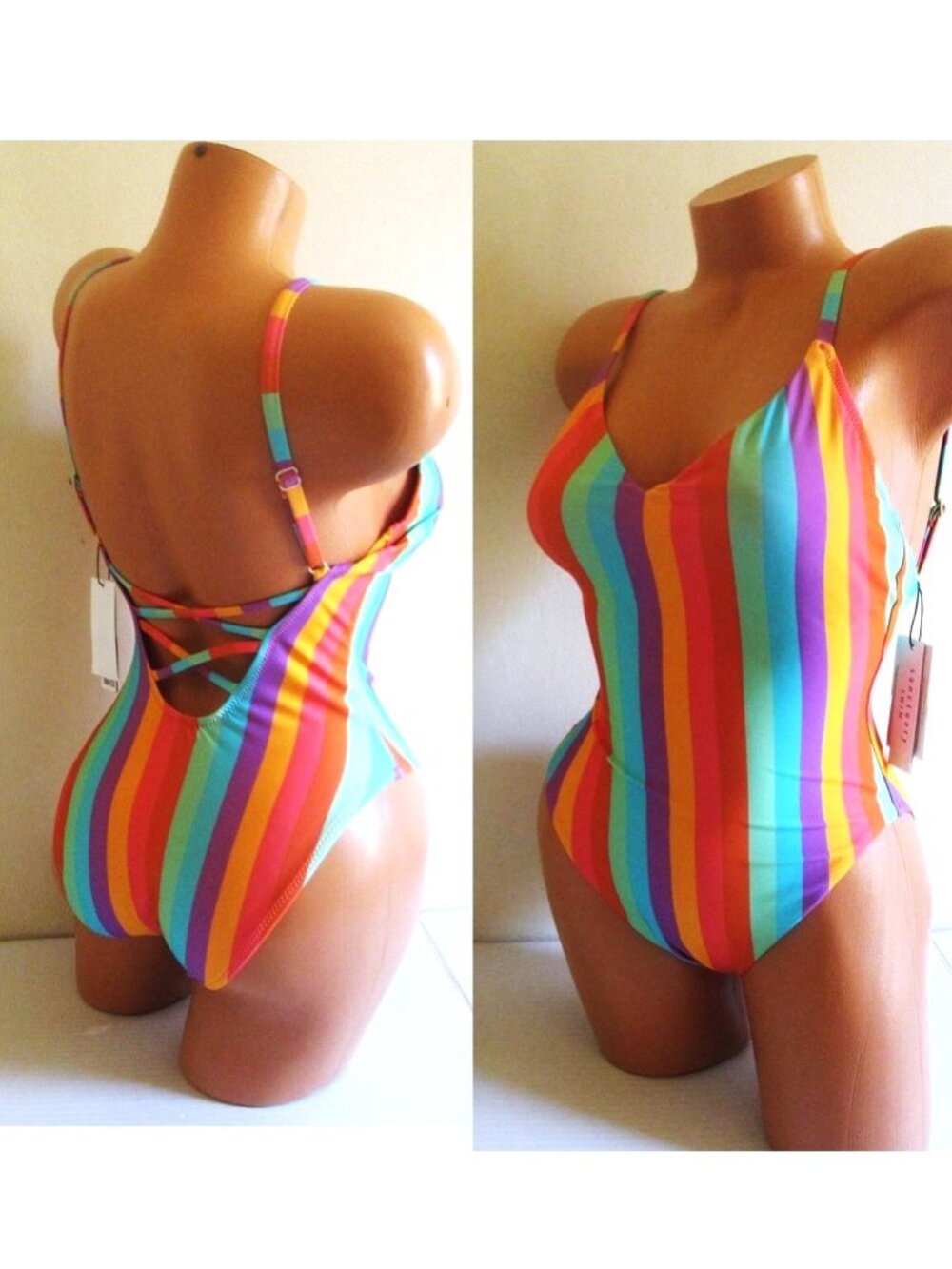 Sanctuary Strappy-Back High-Leg One Piece Swimsuit SMALL Striped Multi $119